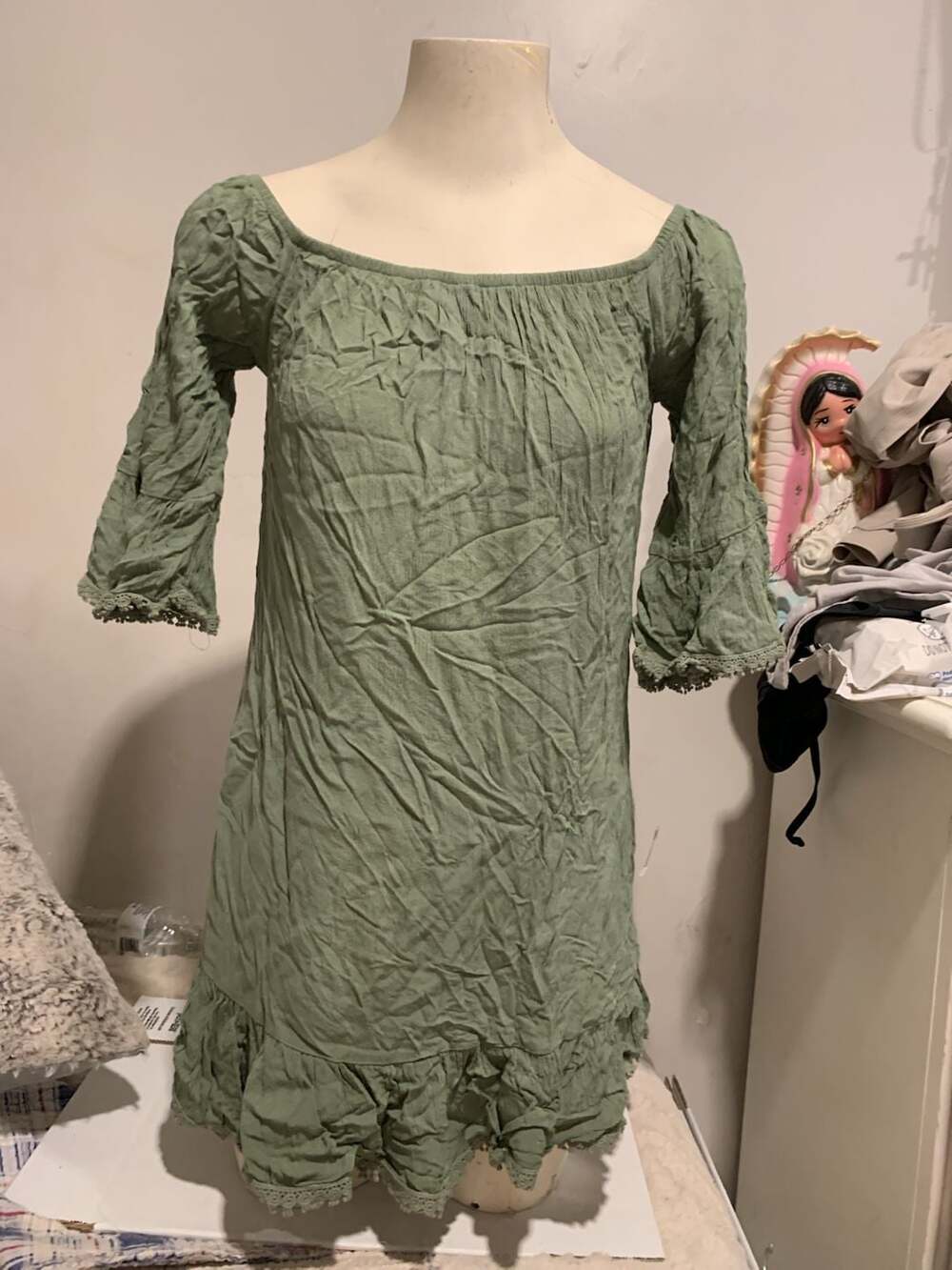 Socialite Dress Size S Sage Green Off Shoulder Lace Trim Ruffle